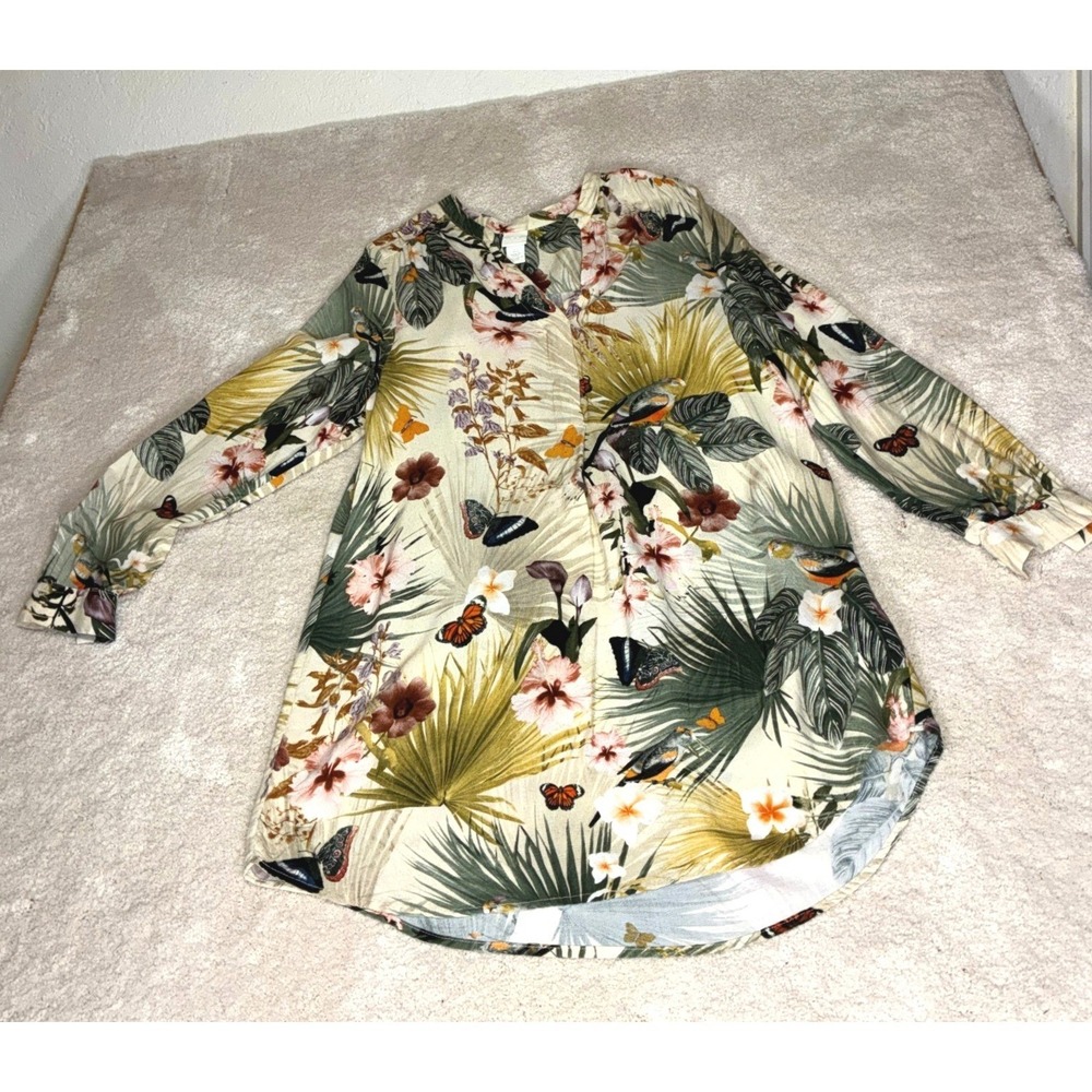 H&M Multicolor Tropical Floral Tunic - 2 - Viscose Butterfly Bird Boho Tropical